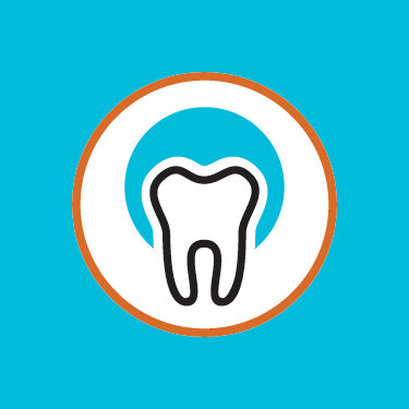 con of a black outlined tooth centered within a white circle, which is surrounded by a blue ring and an outer orange ring. The background is solid bright blue, suggesting a dental or oral health-related symbol.