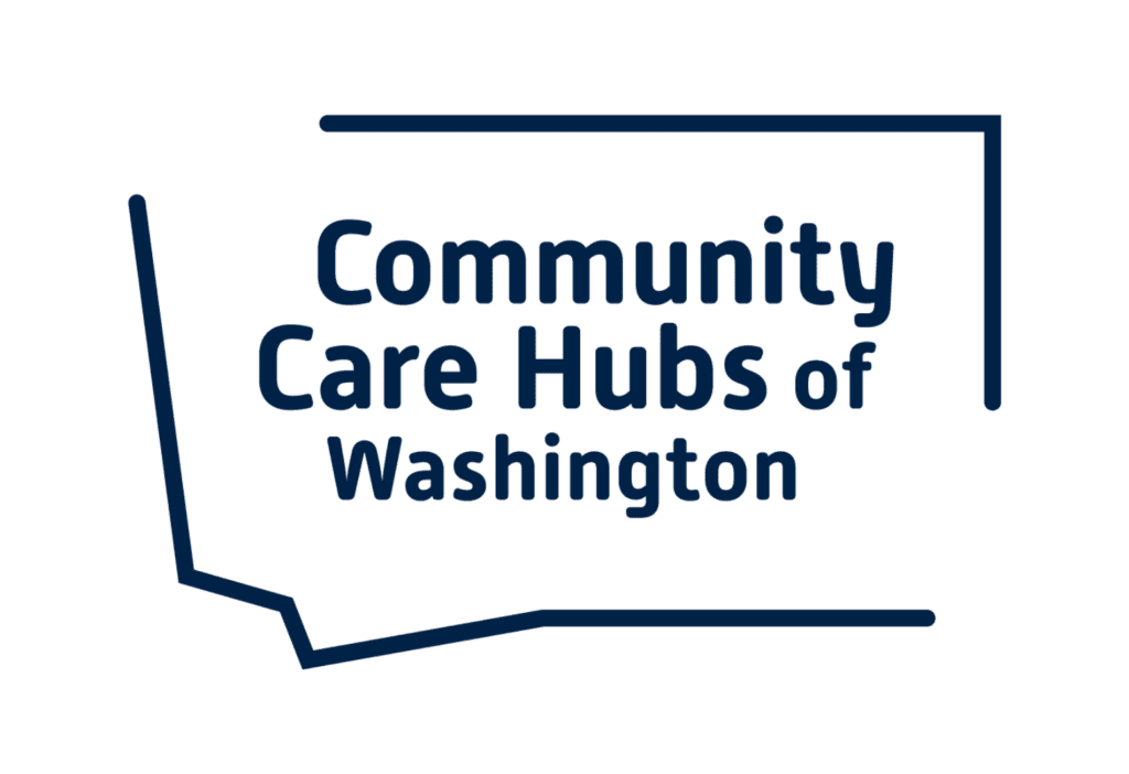 Logo for "Community Care Hubs of Washington" displayed in dark blue text on a light yellow background. The text is enclosed within an abstract outline of Washington state, represented by bold lines forming a partial rectangular shape with a pointed bottom left corner.