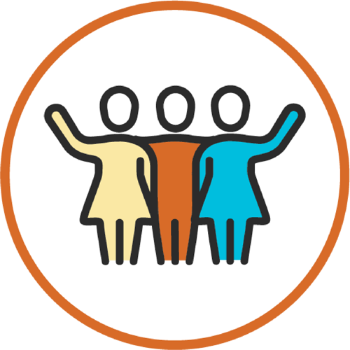 Three stick people wave their hands while standing together in an icon surrounded by an orange circle
