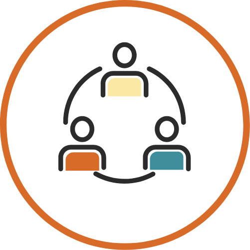 Icon of three stylized figures arranged in a triangular formation, connected by curved lines to represent collaboration or communication. Each figure is shaded with a different color—yellow, orange, and blue. The design is outlined in black and enclosed within an orange circle on a light blue background.