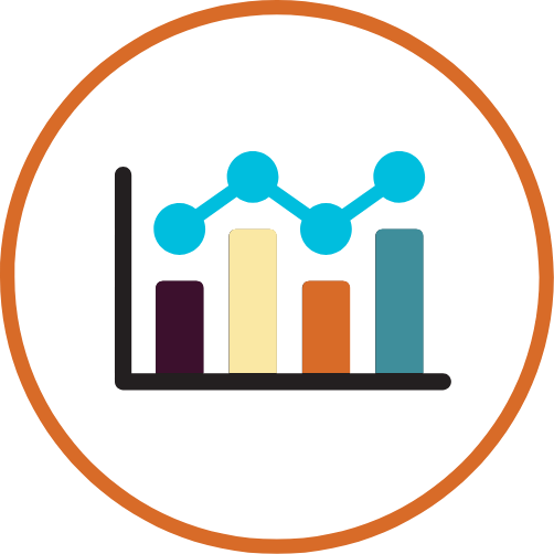 Icon of a bar chart with five vertical bars in various colors (purple, yellow, orange, blue, and teal) and a blue line graph with data points connecting the tops of the bars. The chart is enclosed within an orange circle on a light blue background, symbolizing data, metrics, or performance tracking.