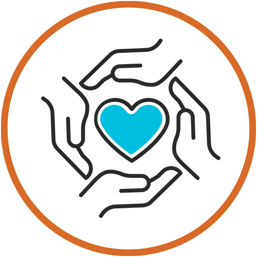 Icon showing four hands forming a circular shape around a blue heart in the center, symbolizing care, support, and community. The illustration is outlined in black and enclosed within an orange circle on a light gray background.