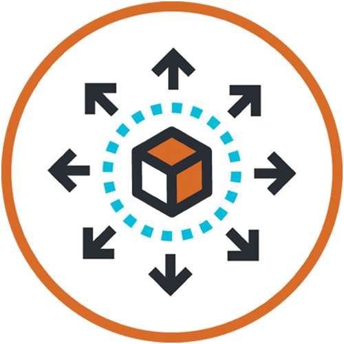 Icon of a central cube surrounded by a dotted blue circle with eight black arrows pointing outward in all directions. The cube is shaded with orange and white faces, symbolizing distribution, expansion, or outreach. The entire image is enclosed in a circular orange border on a light gray background.