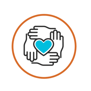 Icon of four hands forming a circle, with a bright blue heart at the center, symbolizing support, compassion, and unity. The design is outlined in black and enclosed in an orange circle on a light background.