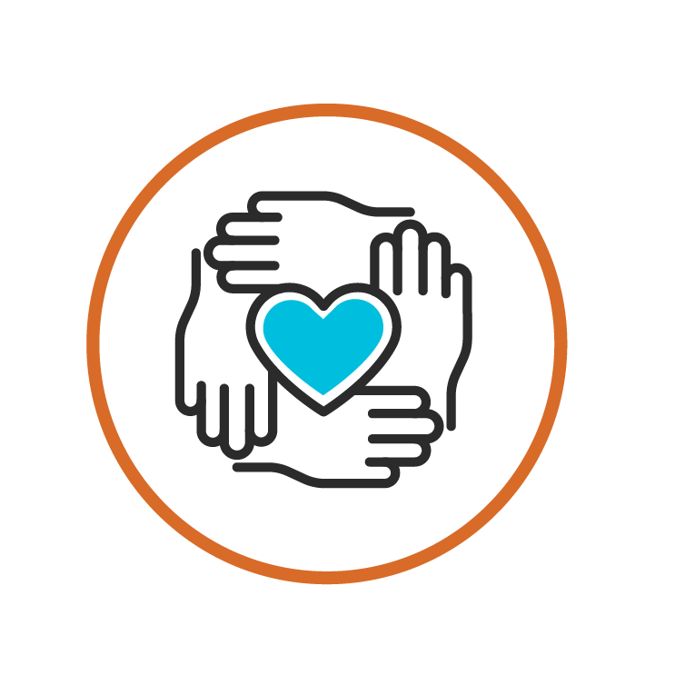 Icon of four hands forming a circle, with a bright blue heart at the center, symbolizing support, compassion, and unity. The design is outlined in black and enclosed in an orange circle on a light background.