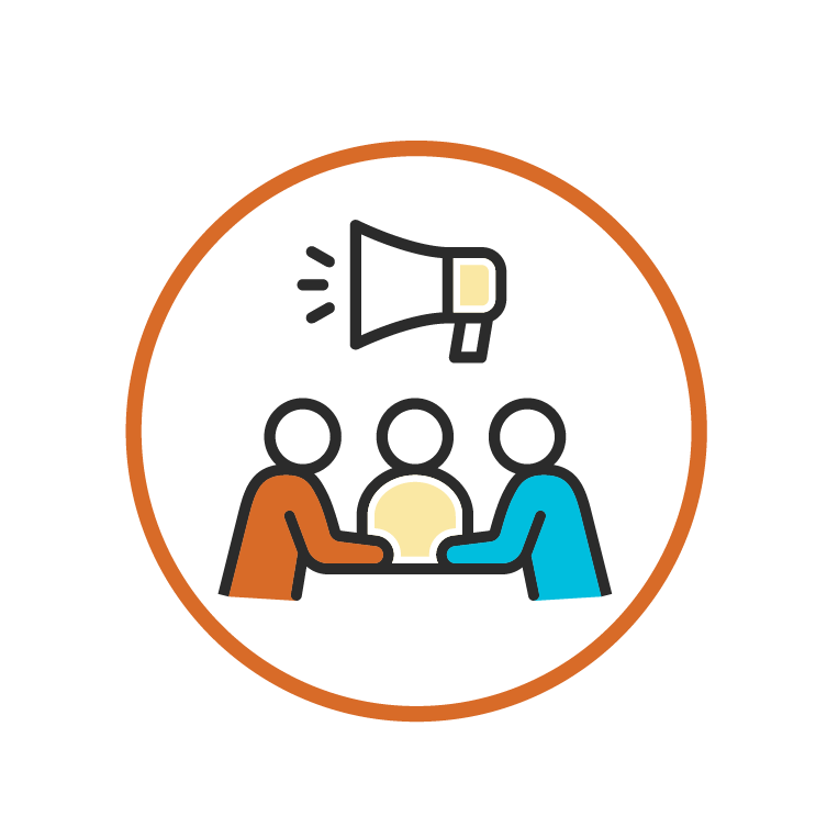 Icon of three stylized people sitting at a table, with a megaphone above them, symbolizing communication, collaboration, or group advocacy. Each person is shaded in a different color—orange, yellow, and blue. The illustration is outlined in black and enclosed in an orange circle on a light background.