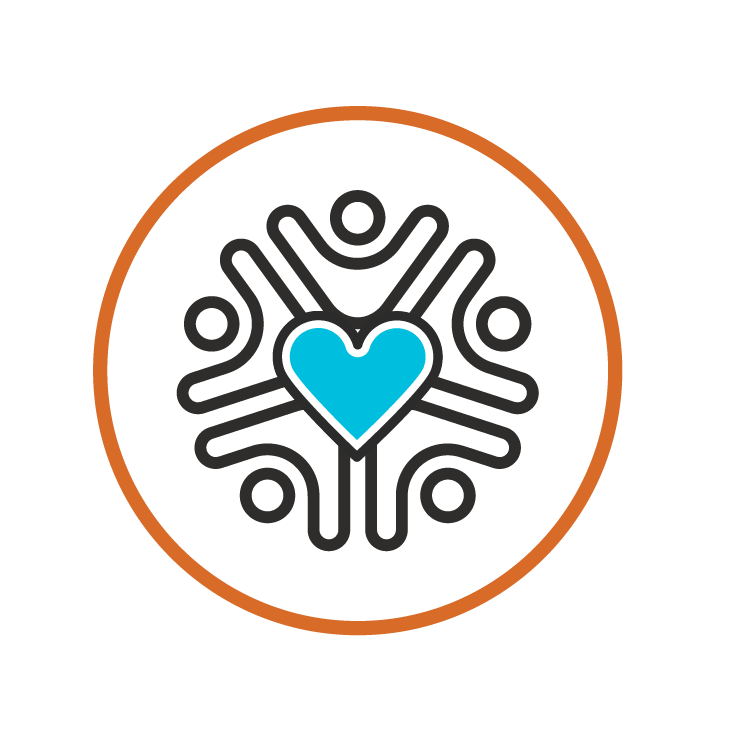 Icon of four abstract human figures arranged in a circle with a blue heart in the center, symbolizing unity, connection, and community. The design is outlined in black and enclosed within an orange circle on a light background.