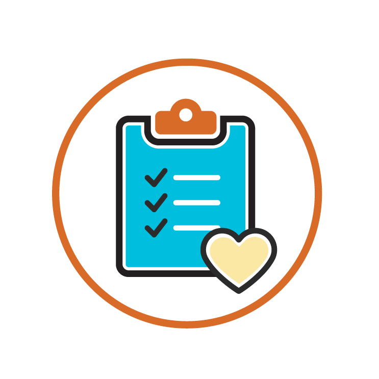 Icon of a blue clipboard with checkmarks next to white lines, representing a completed checklist. A small yellow heart overlaps the bottom corner of the clipboard. The image is outlined in black and encircled by an orange ring, symbolizing care, organization, and health services.