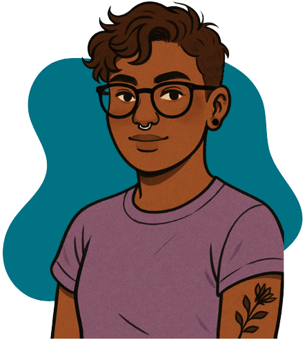 llustrated portrait of Quinn, a person with short curly brown hair, dark skin, glasses, and a nose ring. They are wearing a purple t-shirt and have a leafy tattoo on their left arm. The background features a blue abstract shape against a light blue backdrop.