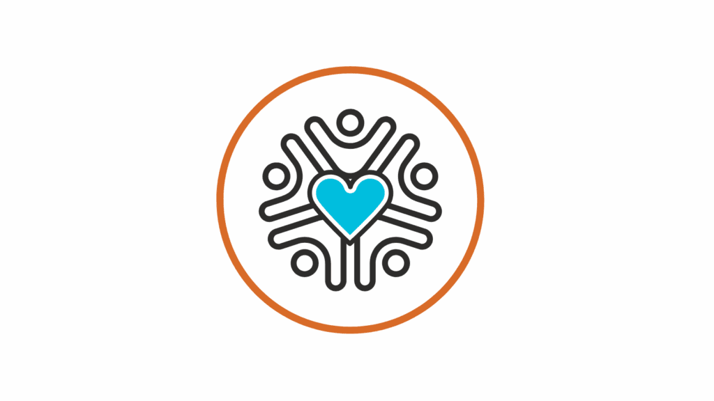 Icon of four abstract human figures arranged in a circle with a blue heart in the center, symbolizing unity, connection, and community. The design is outlined in black and enclosed within an orange circle on a light background.