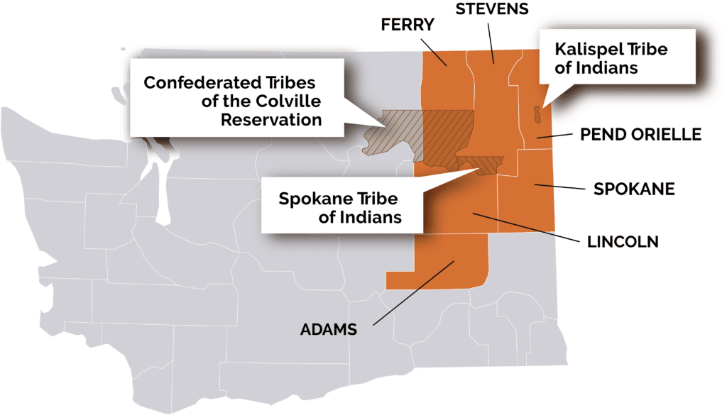 Map of eastern Washington highlighting the service region that includes Ferry, Stevens, Pend Oreille, Spokane, Lincoln, and Adams counties. The map also labels and highlights the Reservations of the Kalispel Tribe of Indians, the Spokane Tribe of Indians, and the Confederated Tribes of the Colville Reservation. Highlighted areas are shaded in orange, with county and tribal names clearly labeled.