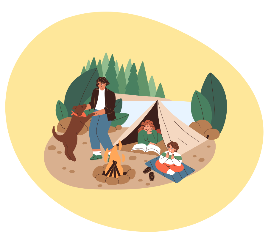 Illustration of a camping scene with three people and a dog gathered around a campfire in front of a tent. One person is reading, another is sitting and relaxing, and a third stands with the dog. The background includes trees and large green leaves, with a soft yellow oval framing the scene. The image conveys warmth, community, and outdoor connection.