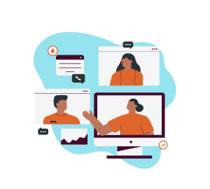 A blue blob with graphics of people talking on zoom screens