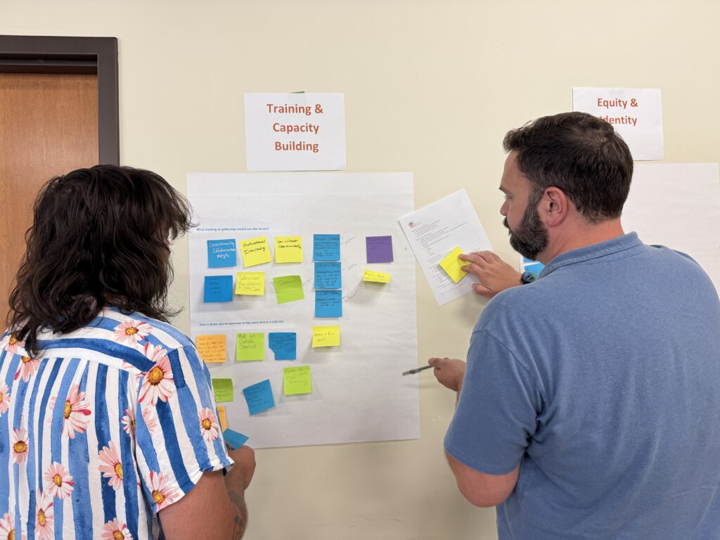 Two people putting sticky notes into categories during a training